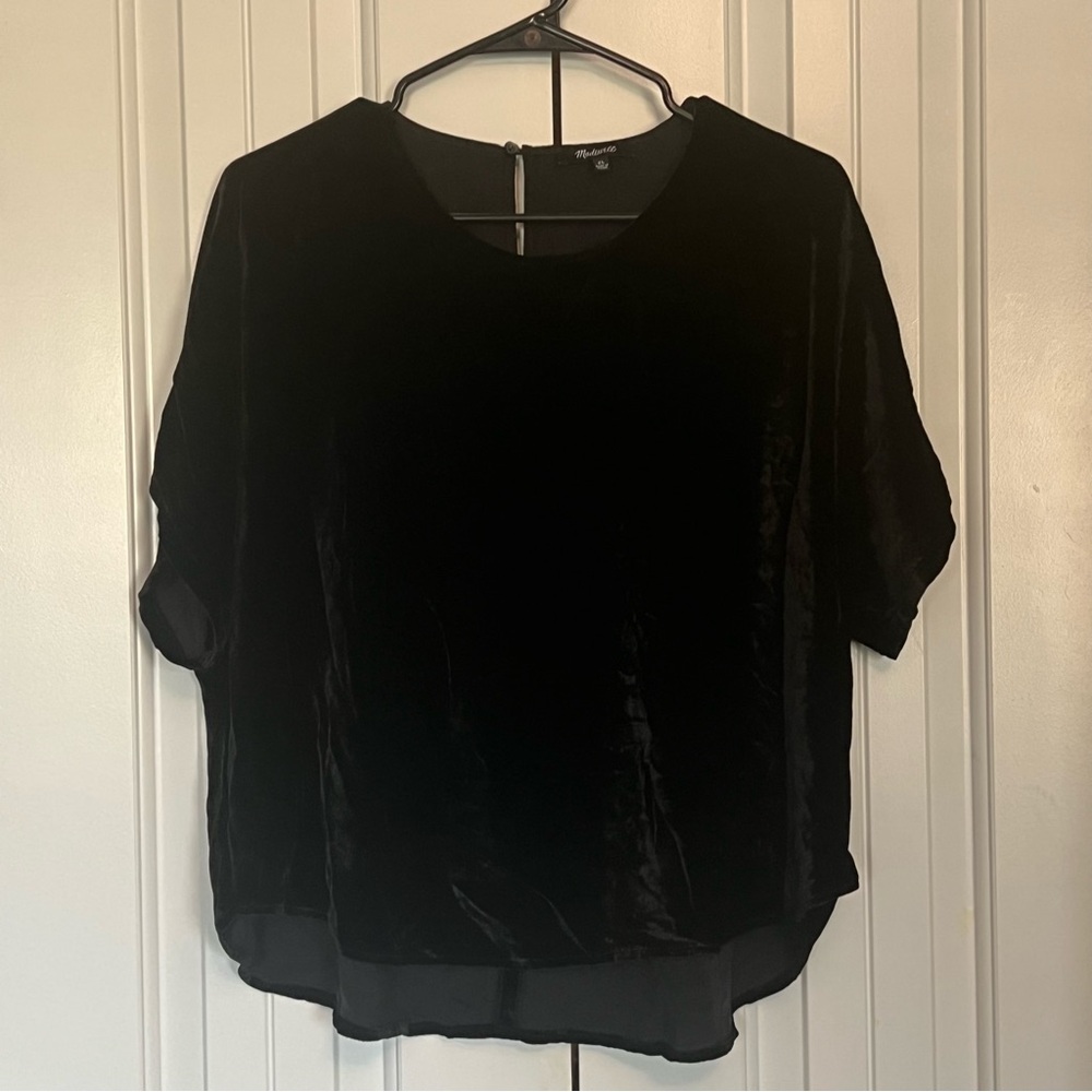 Madewell Top Womens XL Black Velvet Tulip Hem Short Sleeve Keyhole Neck